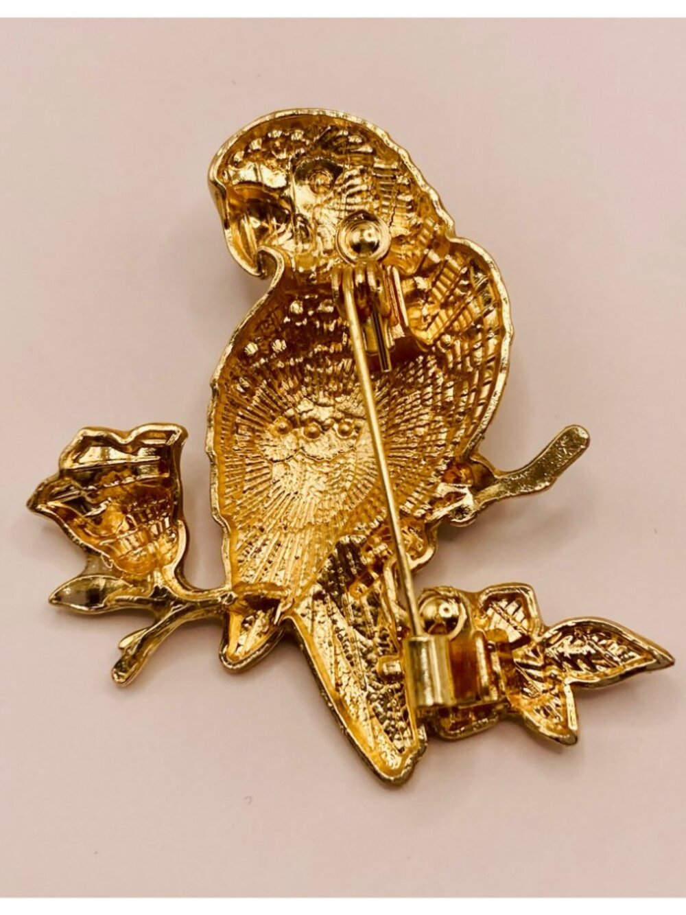 Blue & White Enamel Parrot Brooch Pin Floral Design Gold-Tone -32B - Picture 4 of 5